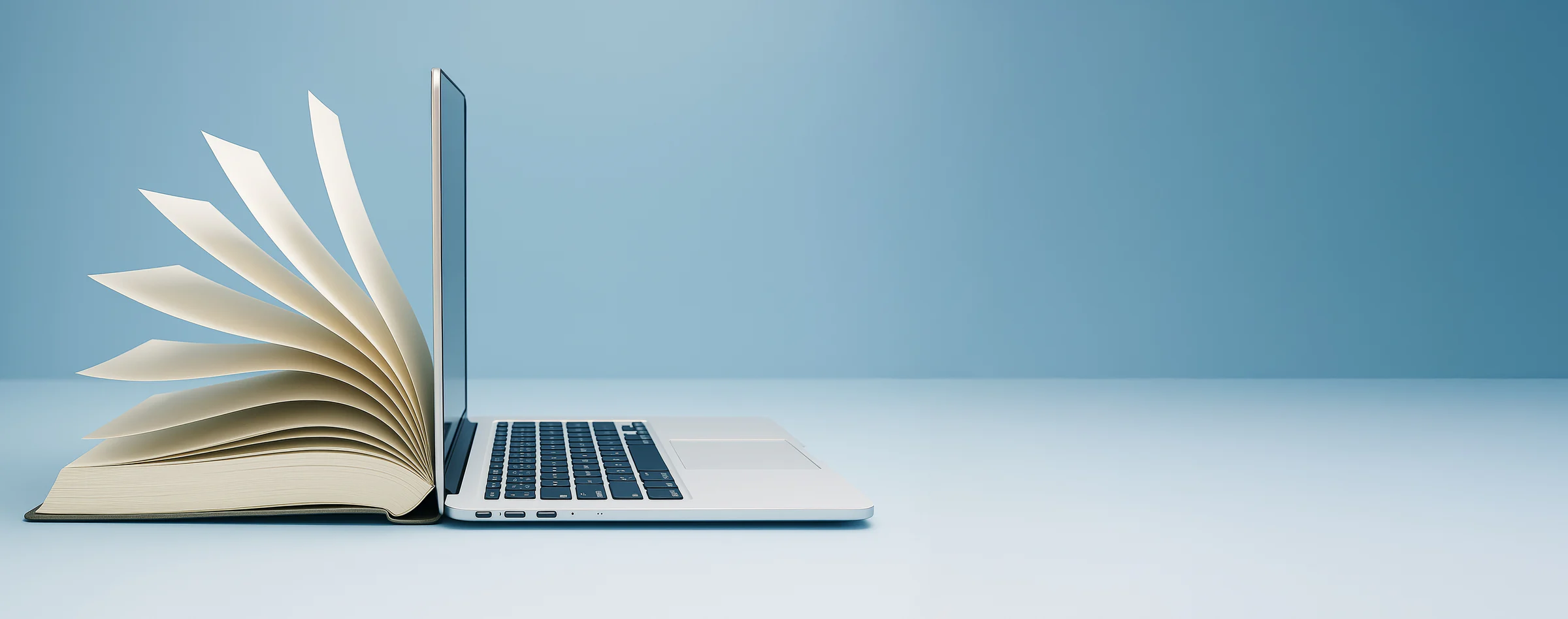 An open book merging into a laptop on a blue background